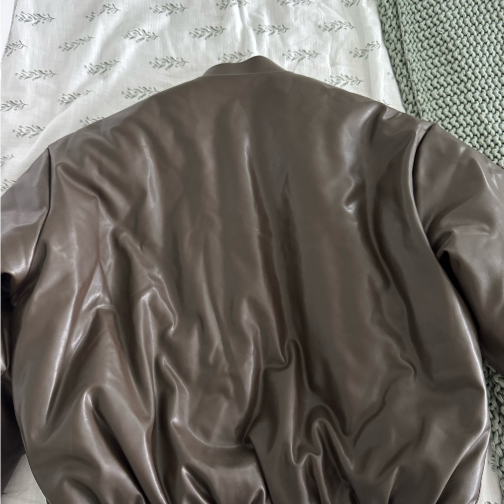 ALO Yoga Faux Leather Premier Bomber Jacket in Dark Olive Brown - Picture 7 of 7